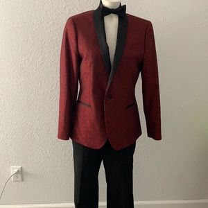 J Ferrar Mens/boys suit. Maroon jacket/black pants. Black bow tie.